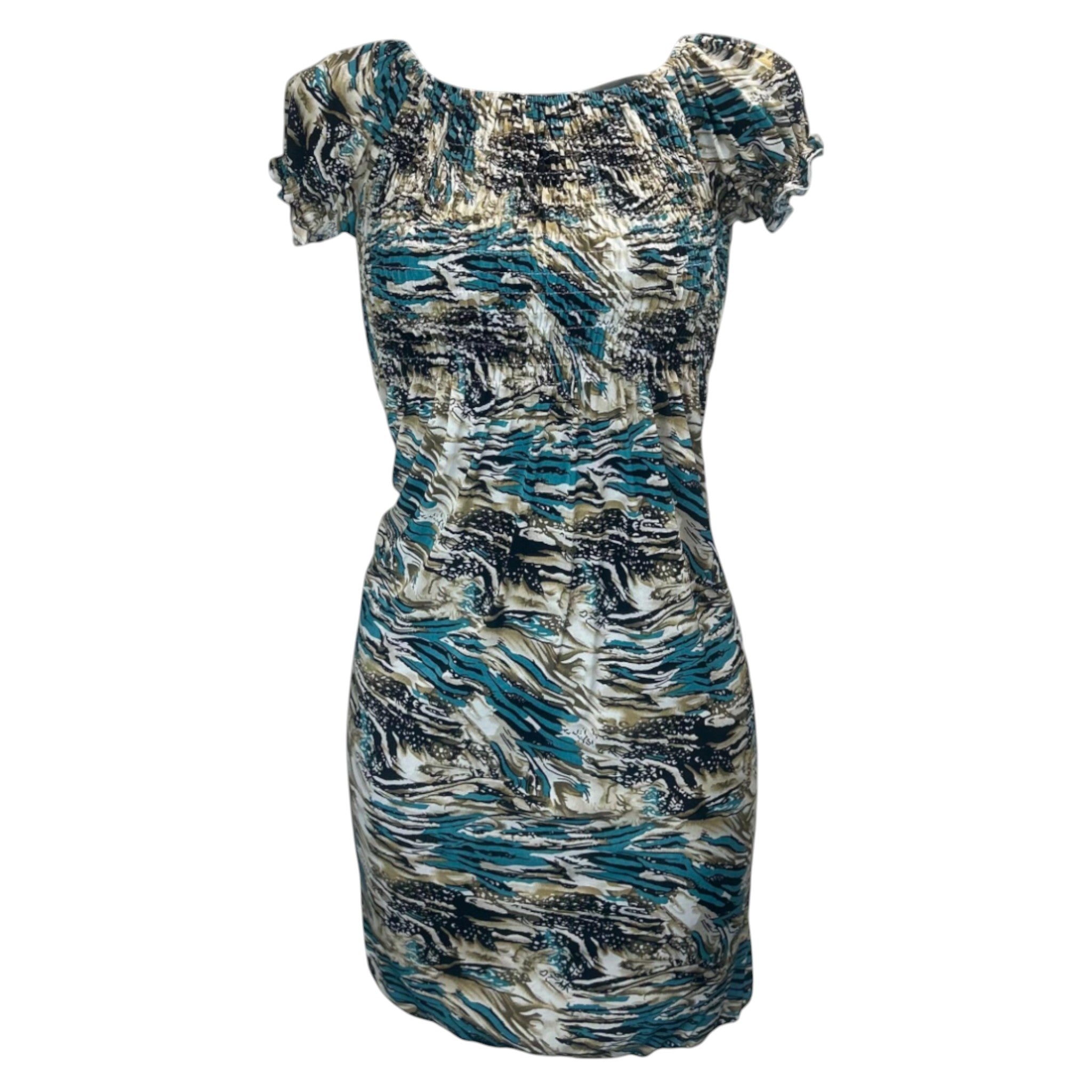 Women's honey and turquoise tropical print summer dress with flutter sleeves – lightweight casual beachwear outfit